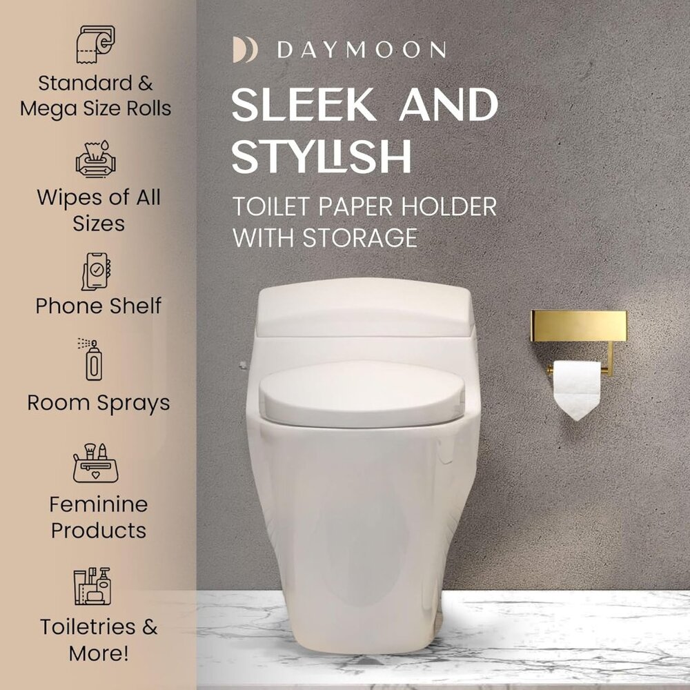 Day Moon Brushed Gold Toilet Paper Holder with Shelf, Wipe Holder for Bathroom F - Picture 3 of 8